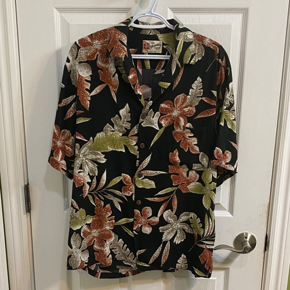 Vintage Hilo Hattie Shirt Black Green Floral Hawaiian Button Casual Mens Medium